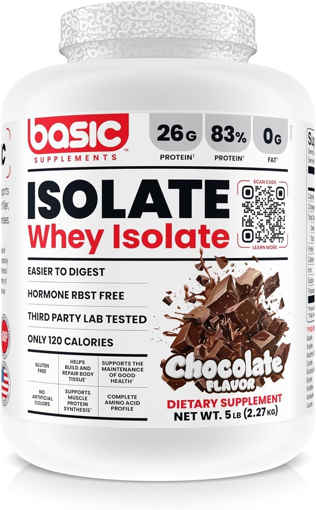 Basic Whey Protein Isolate, 26g Protein, 0g Fat, Gluten-Free, RBST-Free, Rapid Absorption, 120 kalorier (5 pund, choklad)