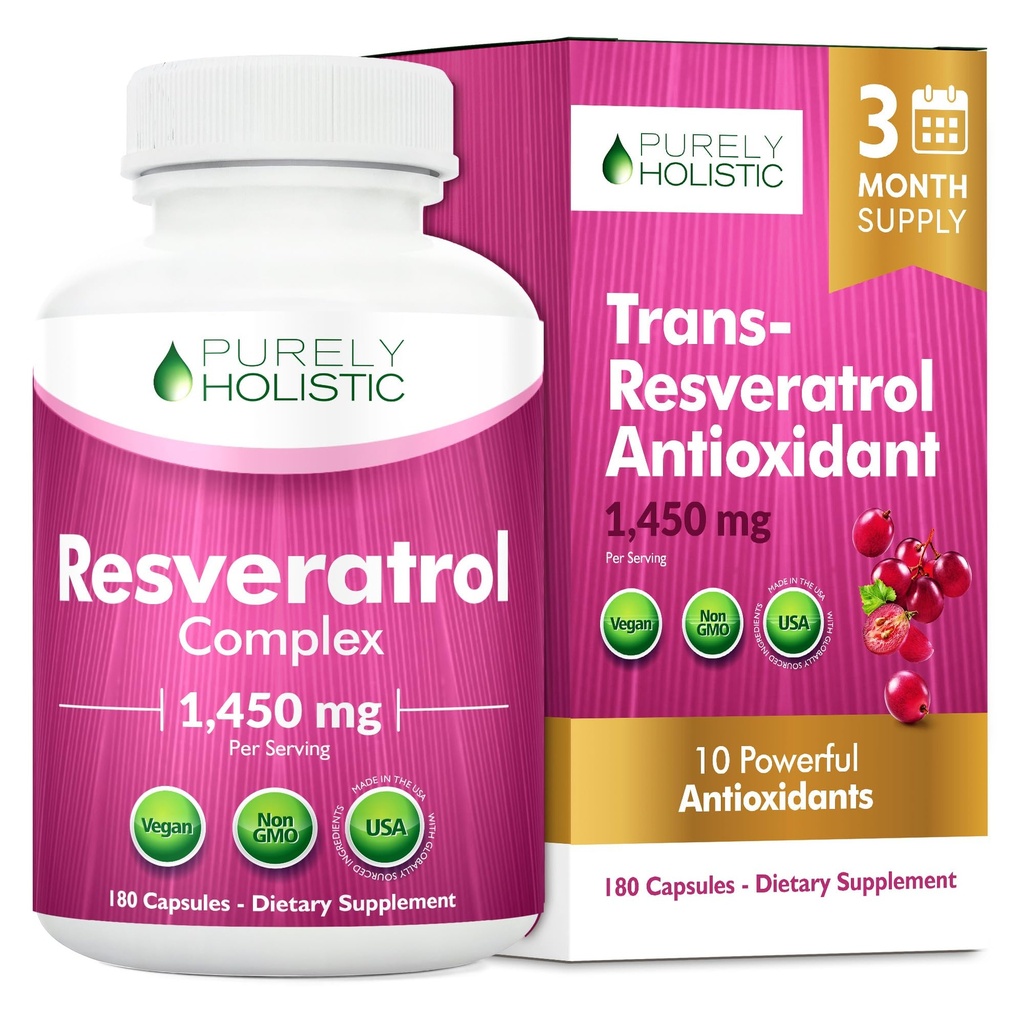 Rent Holistic Resveratrol 1450mg, 90 portioner, Trans-Resveratrol Antioxidant Supplement med vitamin C och Polyphenol Complex, 180 Vegan Capsules