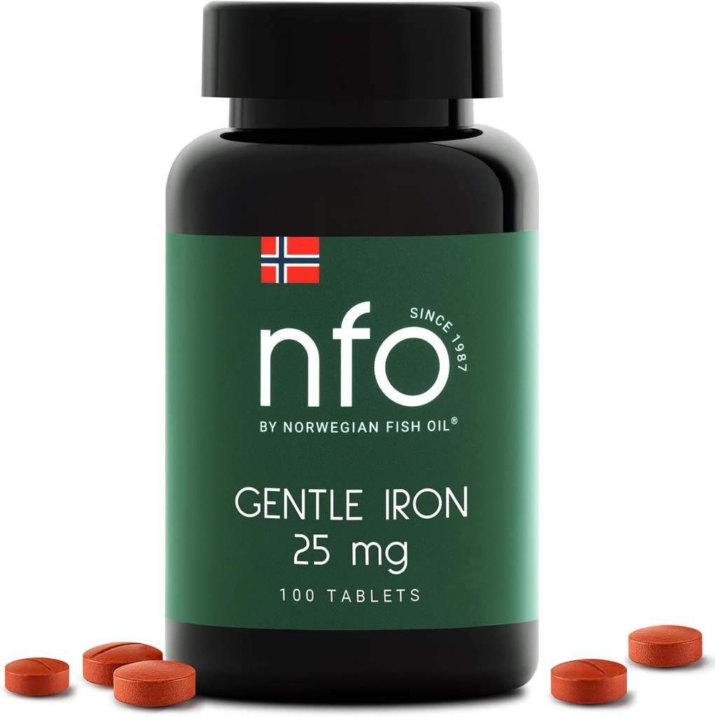 NFO Gentle Iron [100 tabletter] Norwegian High-Absorption Iron Complex med Patented Ferrochel Chelated Iron, Gentle på magen, Vegan-Friendly, Non-Constipating