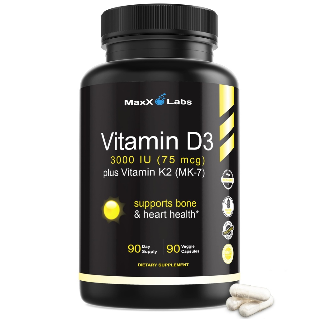 Vitamin D3 K2 3000 IE - med vitamin K som MK-7 från Natto - High Potency Vitamin D Supplement Support Healthy Bones, Teeth, Heart & Immune Function, Gluten-Free - 90 kapslar