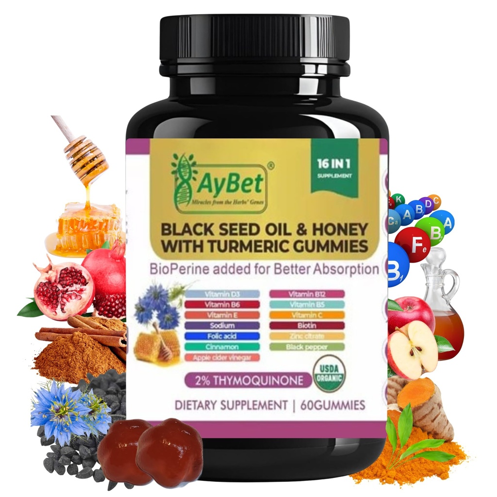 Black Seed Oil & Honung med gummies med BioPerine, Apple Cider Vinegar, Biotin, Zinc & Vitamins C D3 B12 - Immune, Detox, Energy & Hair Skin Nails Support - 60 Vegan, Halal, Organic Gummies