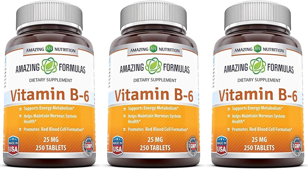 Fantastiska formler Vitamin B6 Pyridoxin 25mg 250 tabletter Supplement | Icke-GMO | Gluten Free | Made in USA (3 Pack)