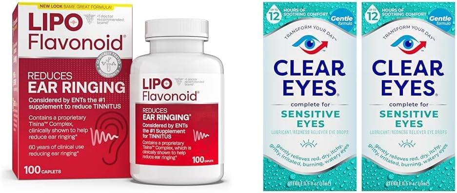 Lipo-Flavonoid Tinnitus Relief Ear Health Vitamins 100 Caplets & Clear Eyes Sensitive Eye Drops 0,5 Oz 2 Pack Bundle