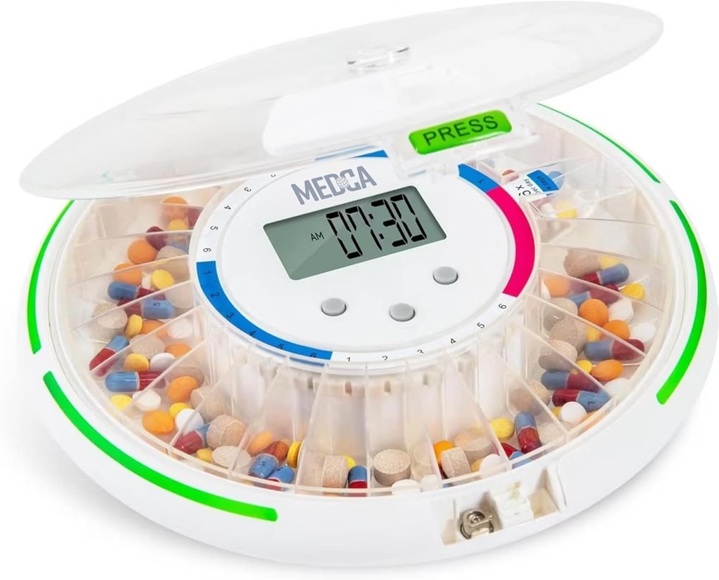 Automatisk Pill Dispenser med 28-Day Electronic Medication Organizer - Lockable Key Pill Container med LCD Display, Ljus och Ljud påminnelse Alarm för schemalagd medicinering för seniorer och äldre