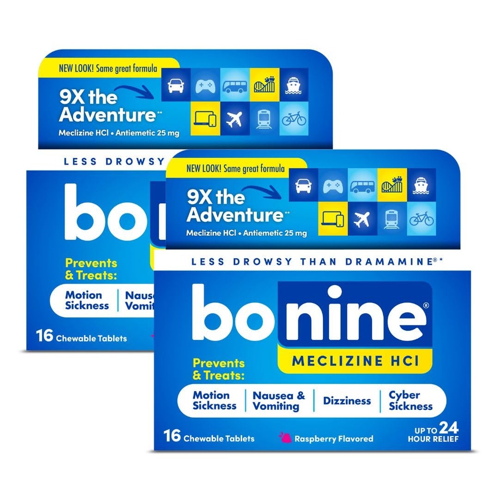 Bonine Non-Drowsy Motion Sickness Relief - 32 Tabletter med Meclizine HCL 25mg - Non Drowsy Medicine för Nausea eller Motion Sickness - Cruise Essentials - Raspberry Flavor