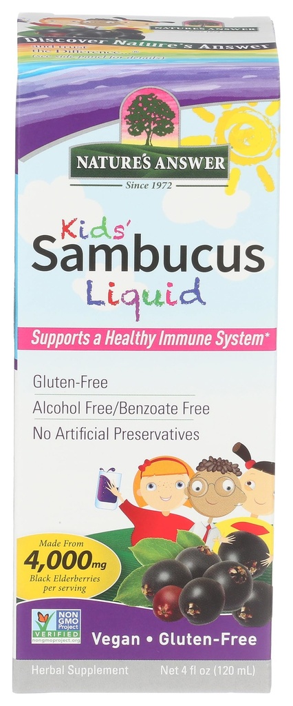 Naturens svar Bioavailable Sambucus Kids Formula | 4-Fluid Ounces | Kosher Certified Organic Elderberry Syrup | Stor smak och glutenfri | Kosttillskott | Inga konstgjorda konserveringsmedel (Pack 1)