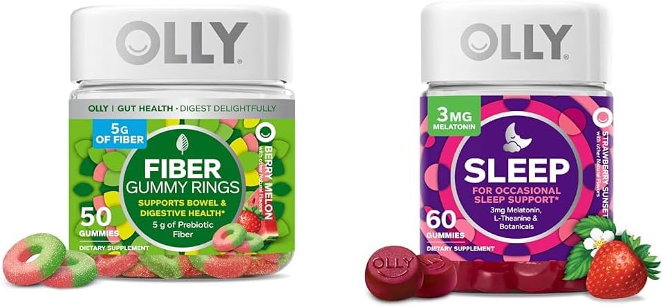 OLLY Fiber Gummy Rings 50ct & Sleep Gummy 60ct med Melatonin, L-Theanine, Chamomile, Lemon Balm
