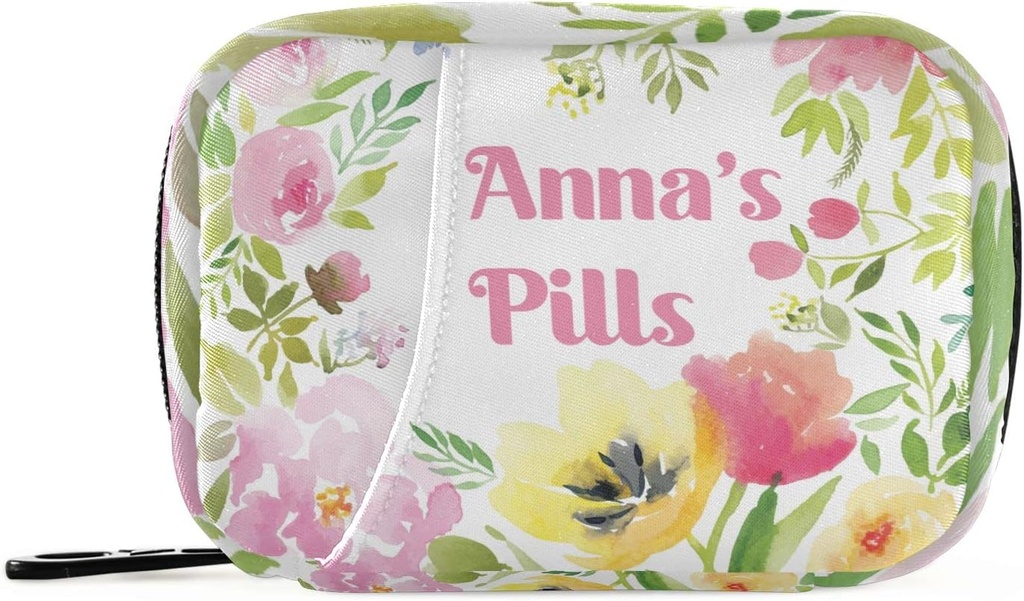 Custom Pill Box 7 Day Pill Case Bag Watercolor Floral Personalized Name Travel Pill Organizer Bag med Zipper Portable Weekly Case Compact Size för vitamin Supplement Holder