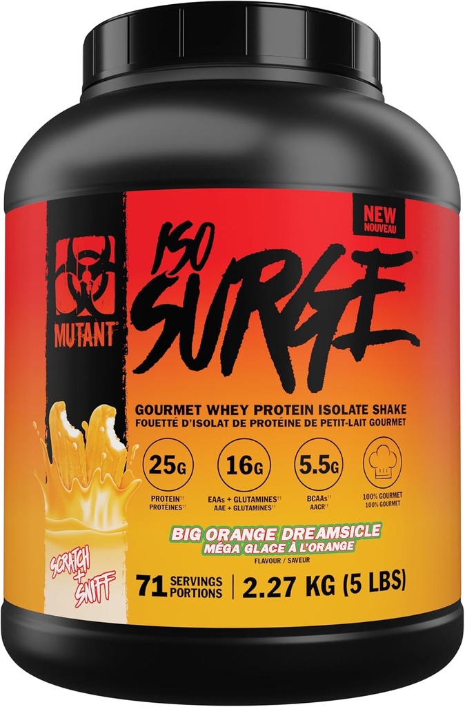 Mutant ISO Surge Whey Protein Isolate Powder Acts snabbt för att hjälpa till att återhämta sig, bygga muskler, bulk och styrka (5 pund, Big Orange Creamsicle)