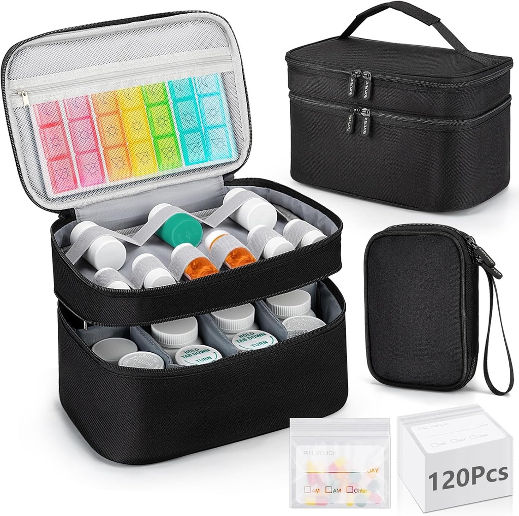 Medicine Organizer Bag, Double Layers Pill Bottle Storage med 120 Pill Pouch Travel Baggies, Portable Medicine Storage Bag för piller, vitaminer, medicinska förnödenheter för hemlagring, första hjälpen