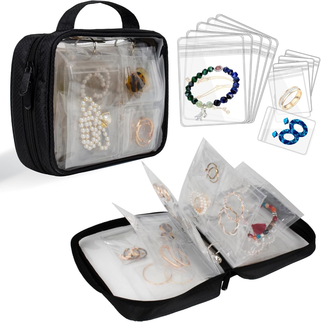 Travel Jewelry Organizer Case Transparent Jewelry Storage Book Binder Bag for Earrings, Rings, Necklace, Bracelet,Black