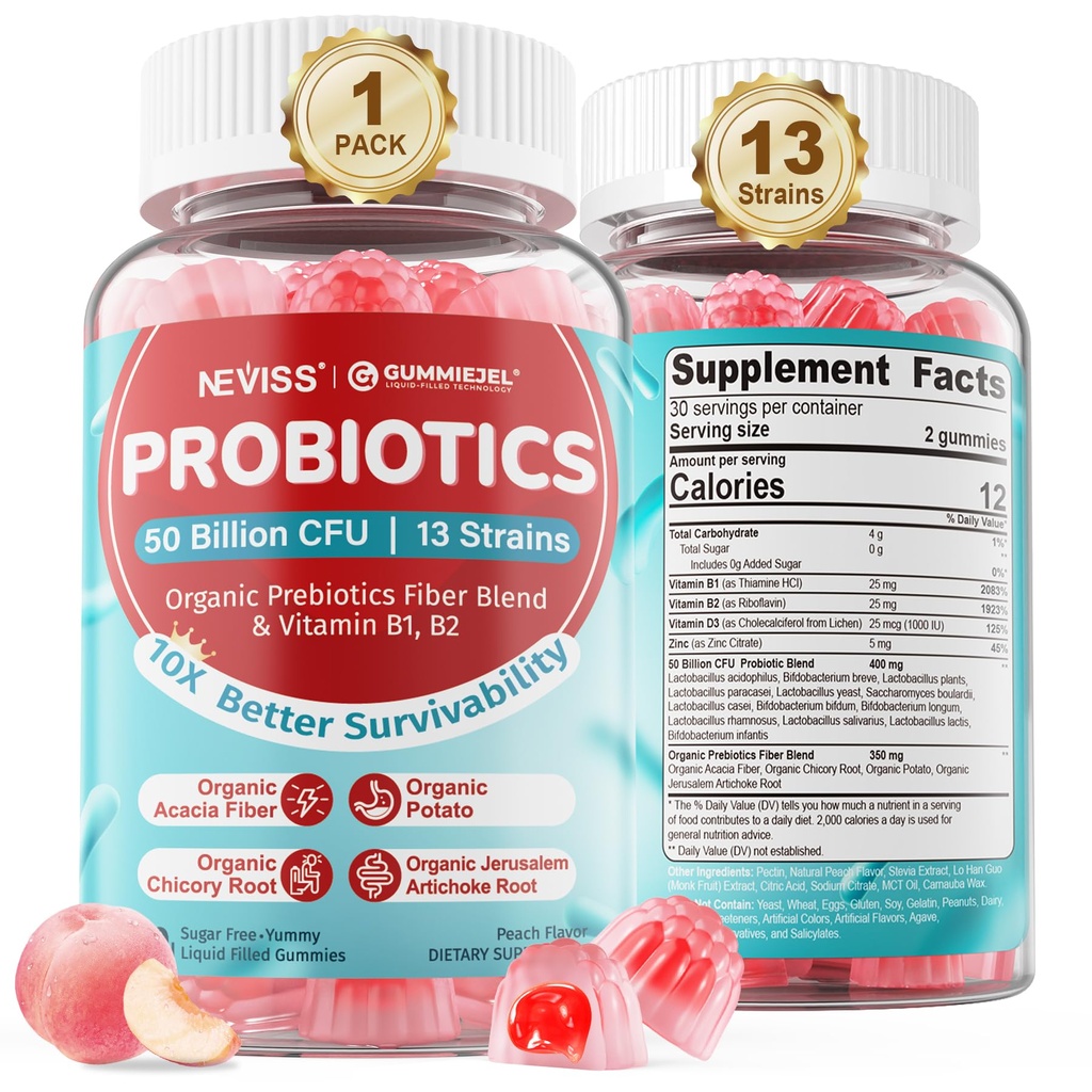 NEVISS Probiotic + Prebiotic Gummies for Adults & Kids 4+, Sugar Free Chewable 50 Billion CFUs w/Fiber, Vitamin B1 B2 D3 & Zink, för Digestive & Gut Health, Boost Microflora Diversity, 60 Cts