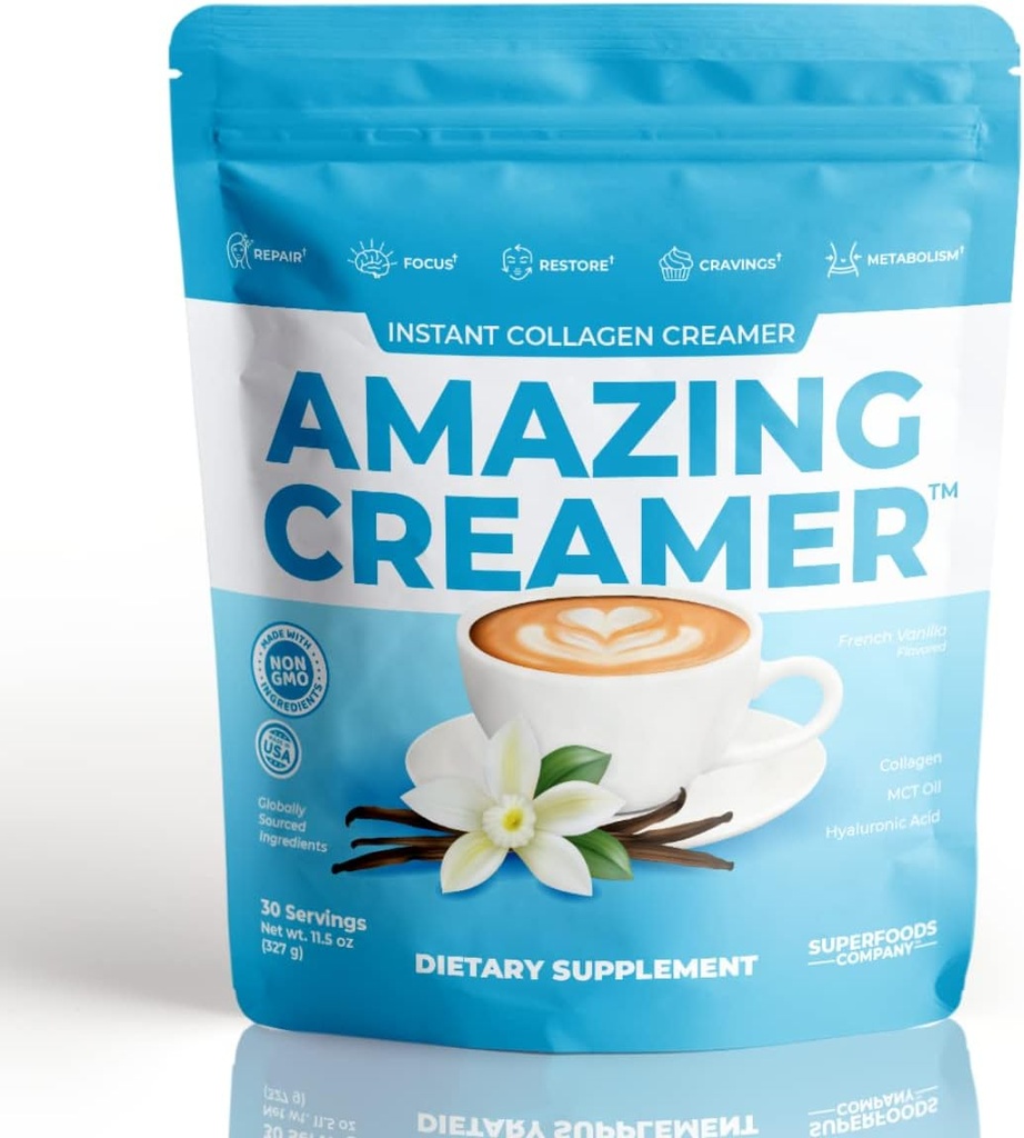 Superfoods Company Amazing Creamer med Collagen - Keto Creamer-Hyaluronic Acid & MCT Oil - Brain Boost & Curbs Cravings - Supports Healthy Skin & Hair - Diet-Friendly [30 Servings] [Vanilla]
