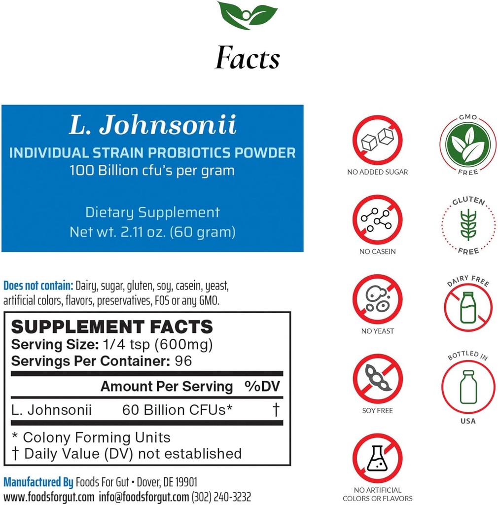 Livsmedel för Gut Lactobacillus Johnsonii Probiotic Powder 100 miljarder cfu | Inga tillsatser | Direkt från tillverkaren | Ingen tredjepartsförvaring | Immun Support | L. Johnsonii | 60 Grams (2.11 Oz)