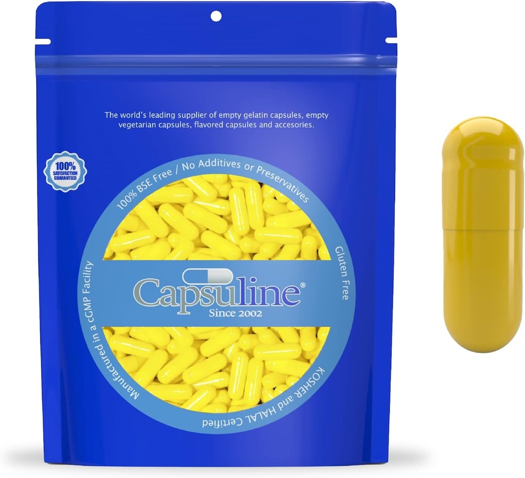 Colored Size 0 Empty Gelatin Capsules by Capsuline - Yellow/Yellow 10000 Count |Kosher & Halal Certified |Gluten Free