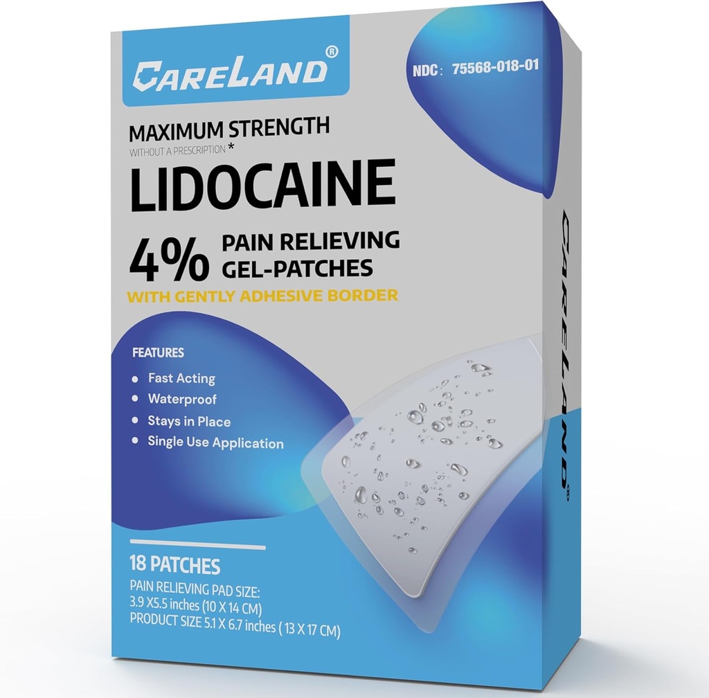 CARELAND 4% Lidocaine Patches 18 Pcs Vattentät Maximal Strength Back Pain Relief Products Patches med stark limgräns, för Neck Knee Nerve Shoulder Pain Relief Muscle Relaxer, Super Sticky