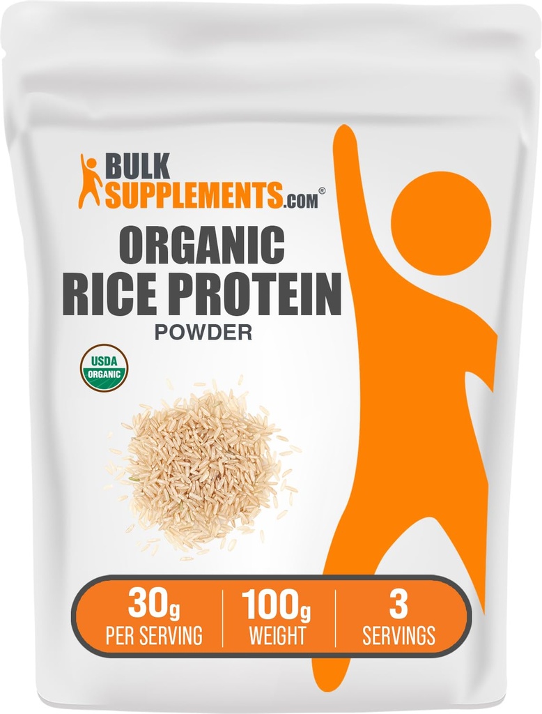 BulkSupplements.com Organic Rice Protein Powder - Vegan Plant Protein, Unflavored - Vegan & Gluten Free, 30g per Servering, 100g (3,5 oz) (Pack av 1)
