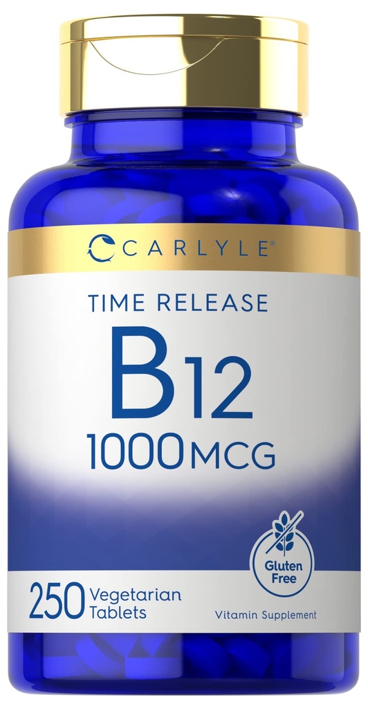 Carlyle B12 Vitamin 1000 mcg | 250 greve | Time Release tabletter | som Cyanocobalamin | Vegetarisk, icke-GMO & Gluten fri tillägg