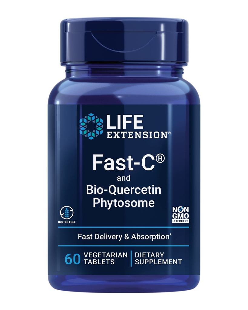 Life Extension Fast-C® och Bio-Quercetin®, Snabb leverans och Absorption, Vitamin C, Fenugreek, Immune Support, Magnesium, Gluten-Free, Non-GMO, Vegetarian, 60 tabletter
