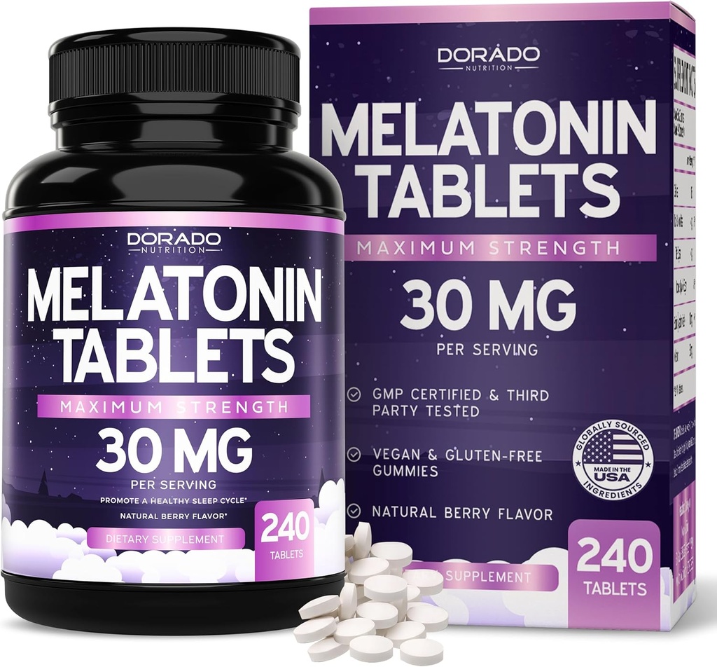 Melatonin 30mg tabletter för vuxna (240 tabletter) - Snabbupplöst tablett med 30 mg Melatonin Per tablett - Glutenfri, icke-GMO, 100% vegetarisk och stor smak - Mixed Berry Flavor - Tillverkad i USA