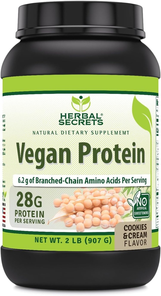 Herbal Secrets Vegan Protein | Cookies & Cream Flavor | 28 Grams Protein | 23 portioner | 6,2 Grams BCAA Supplement | Tillverkad i USA
