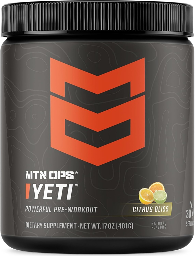 MTN OPS Yeti Pre-Workout Powder Energy Drink med kreatin, 200mg koffein och BCAA med Beta Alanine, 30-Serving Tub, Citrus Bliss