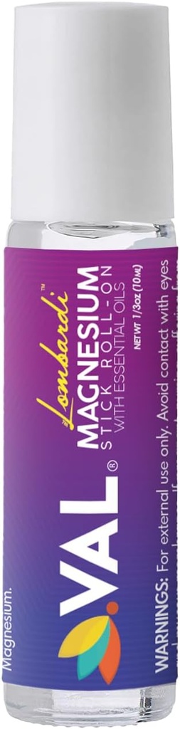 VAL Lombardi Magnesium Stick Rollon med Peppermint & andra viktiga oljor - Cooling Comfort för ditt huvud. Metal Roller. Tillverkad i USA. 10 ml.
