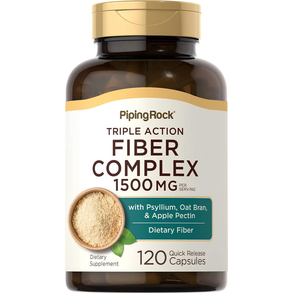 Piping Rock Fiber Complex Supplement | 1500mg | 120 kapslar | Triple Action Pills | med Psyllium, Oat Bran och Apple Pectin | Non-GMO, Gluten Free