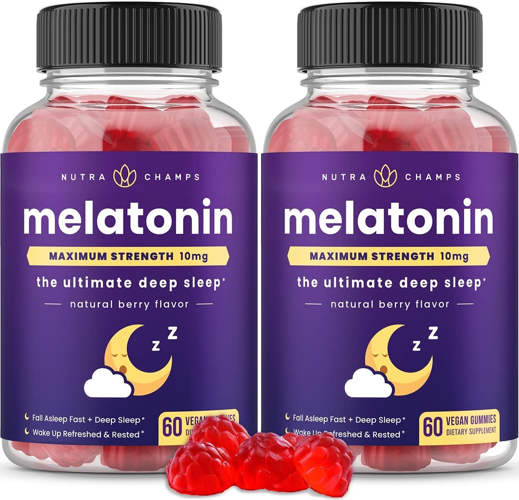 NutraChamps (Pack of 2 Melatonin Gummies for Adults, Extra Strength Sleep Aid Vitamins, 5mg eller 10mg Dose, Vegan Natural Strawberry Supplement för bättre sömn, 120 Gummies