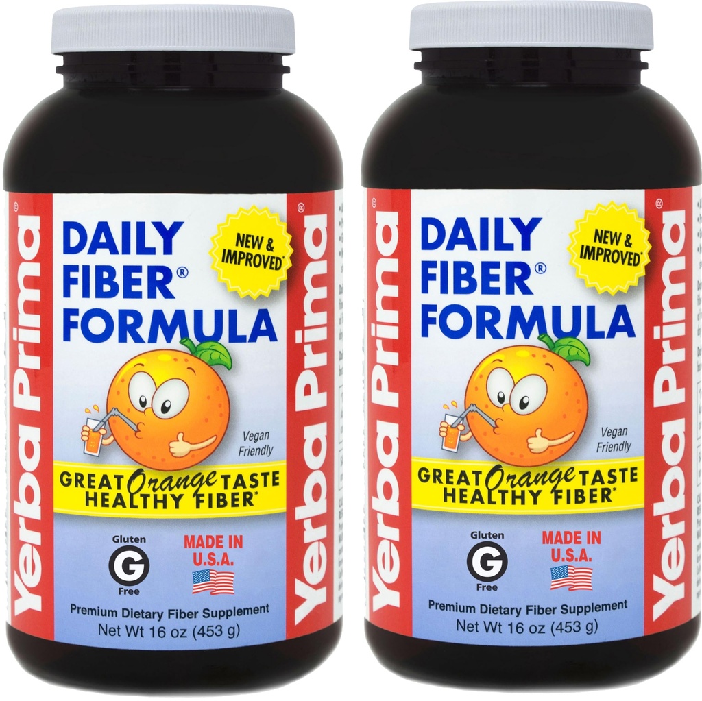 Yerba Prima Daily Fiber Formel 16 oz (Pack of 2) - Premium Dietary Fiber Supplement, Non-GMO, Gluten Free, Gjord i USA, Orange smak