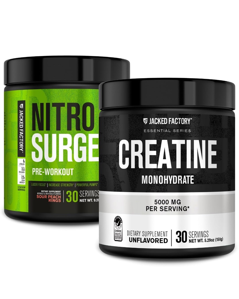 Jacked Factory NITROSURGE Pre Workout Supplement - Instant Strength Gains & Intense Pumps (30 portioner, Sour Peach Rings) och Kreatinmonohydrat för muskeltillväxt (30 portioner, osmakad)