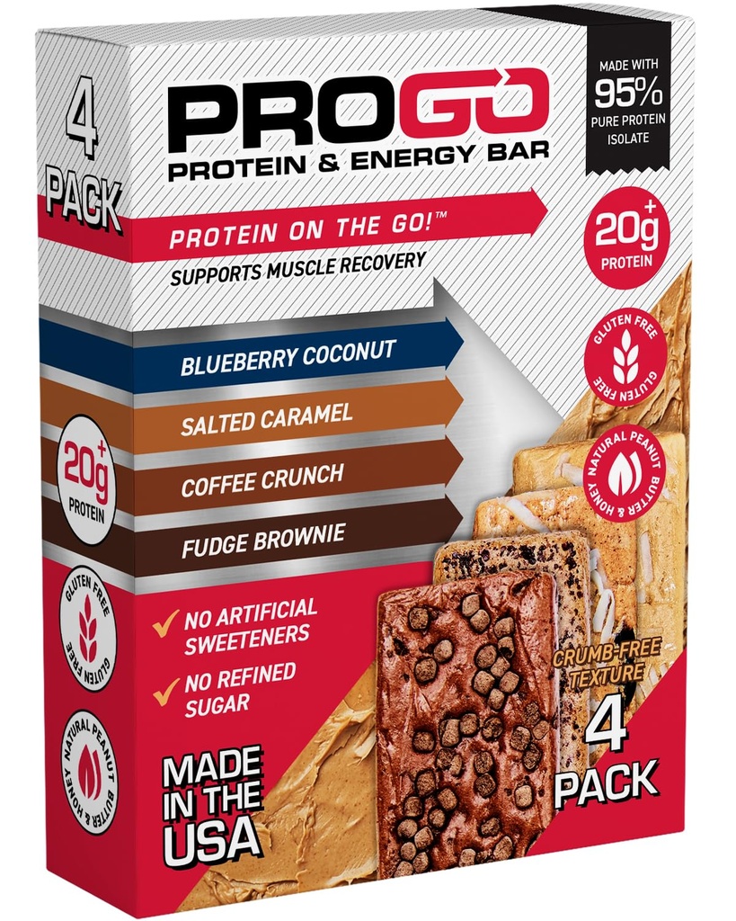 ProGo Protein Bars, Low Sugar, High Protein Snacks (Upp till 21g) - 95% ren isolering för snabbare muskeltillväxt och återhämtning, låg kalori, sötad w / Peanut Butter & Raw Honey (4-räkna, Starter Pack)
