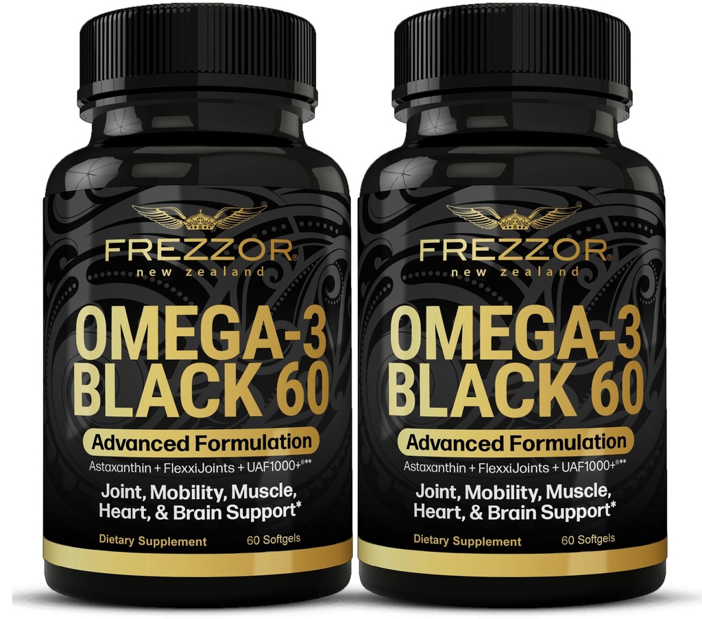 FREZZOR Omega 3 Black for Joint Care & Comfort - Nya Zeeland Green Lipped Mussel Oil Capsules; 53x Högre styrka med UAF1000 + Super Antioxidant, No Fishy Aftertaste, 60 Count (Pack of 2)