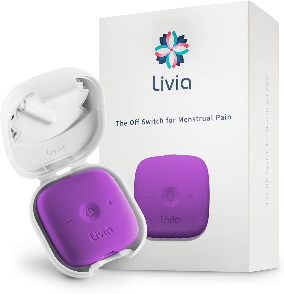 Livia Menstrual Pain Relief Device, Purple - Off-Switch for Period Pain - Portable & Discreet - Rechargeable, Up to 12 Hours Battery - Komplett Kit med Stick-On Pads - Go-to Travel Partner