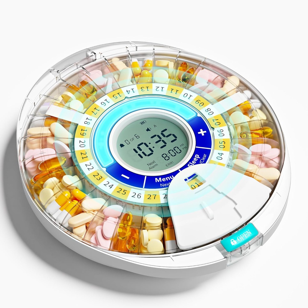 Uppgraderad automatisk Pill Dispenser för äldre med Alarm: Smart Pill Dispenser Machine med 28-Slot, Mix-Proof Tech & XL LCD, Förbättrad hållbarhet för Daily Medicine Management