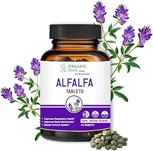 Alfalfa Medicago Sativa tabletter, 60 tabletter, förbättrar andningshälsa och tarmrörelser, ökar immunsystemet, organiskt och naturligt | Superfood Supplement | Vegan