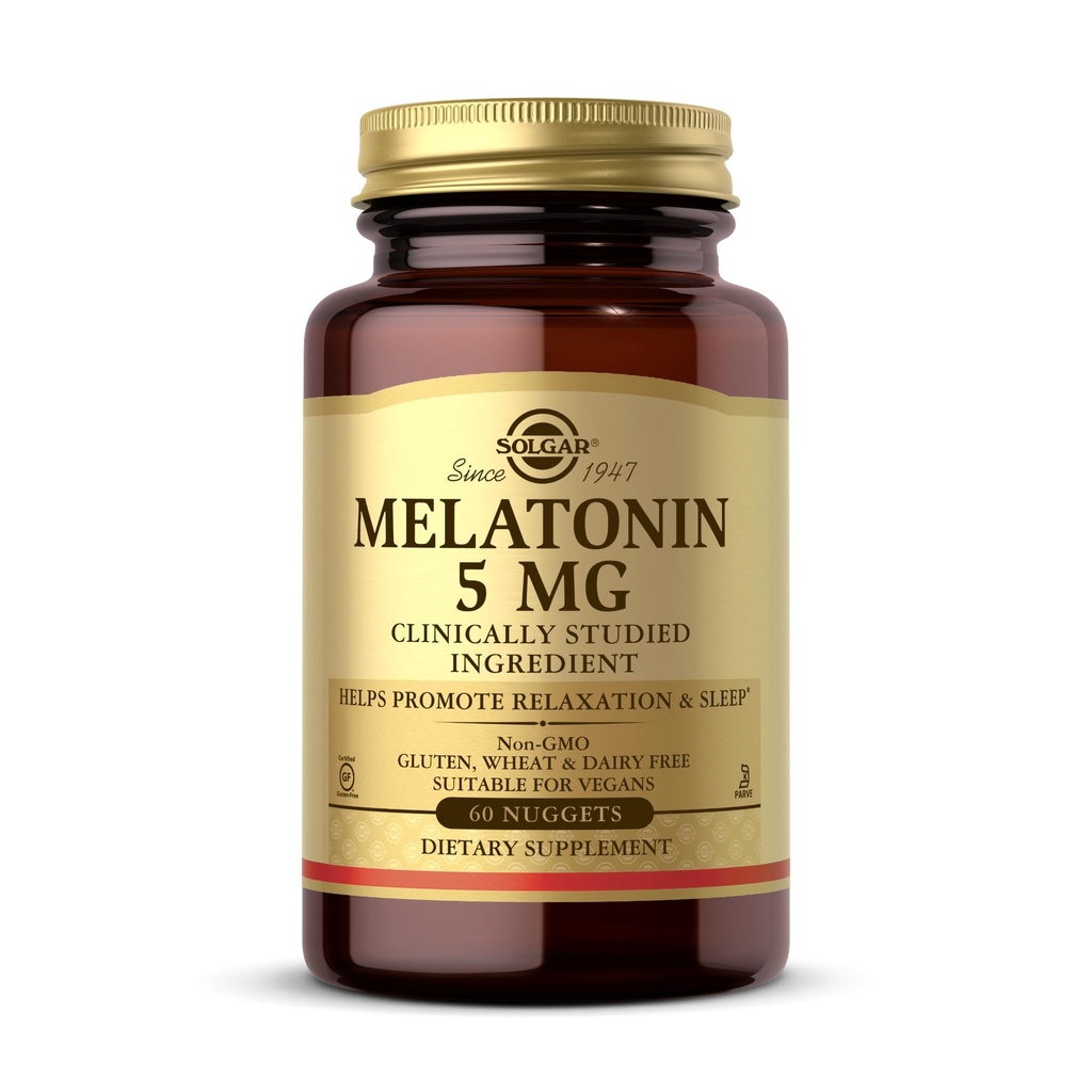Solgar Melatonin 5 mg, 60 Nuggets - Hjälper till att främja avkoppling och vila - Kliniskt Studerade Melatonin - Vegan, Gluten Free, Dairy Free, Kosher - 60 portioner