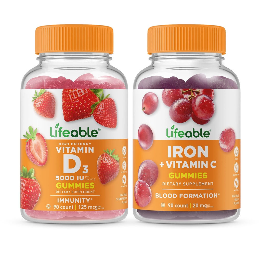 Livlig vitamin D 5000 IE + Järn med vitamin C, Gummies Bundle - Stor smak, vitamintillskott, Gluten Free, GMO Free, Chewable Gummy