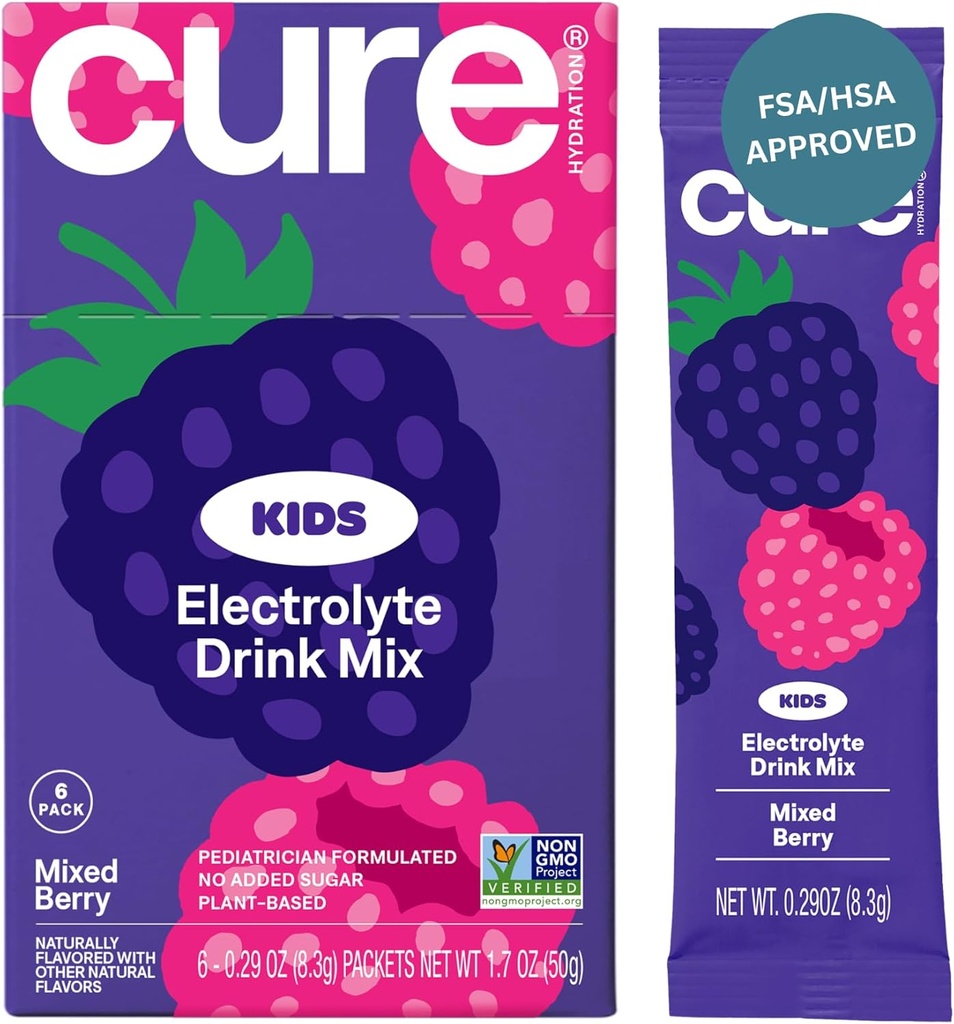 Cure Hydration - Barn Electrolyte Drink Mix | Plant-Based Pediatrician Formulerad Rehydrering | No Added Sugar, FSA-HSA, Non-GMO, Gluten-Free, No Artificial Flavors | Box of 6 Packets - Mixed Berry