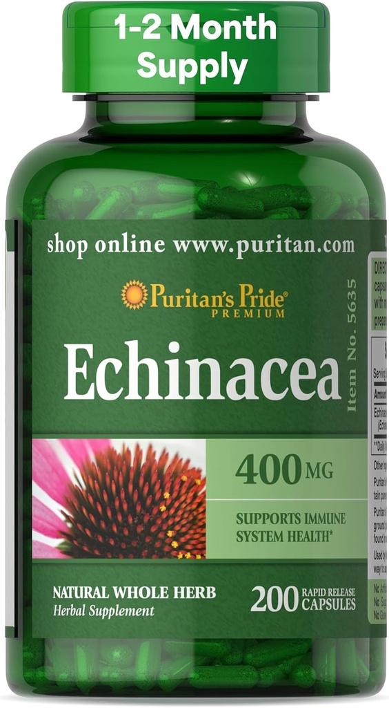 Puritans Pride Premium Echinacea Natural Whole Herb Herbal Supplement 400mg, Kosttillskott för hälsa, immunsystemsupport, 200 Rapid Release Capsules