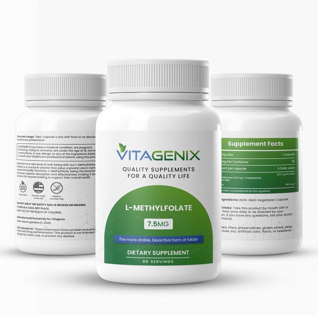 L-Methylfolat - Optimerad och hög bioaktiv metylfolat tillskott för humör och immunstöd - professionell styrka aktiv 5-MTHF-form - 1mg - kapslar (7,5 Mg)