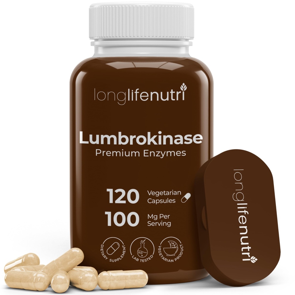 LongLifeNutri Lumbrokinase 100mg - Maximal aktivitet 2 000 000 enheter per portion, 120 vegetariska kapslar, 2-månaders leverans, naturligt enzymtillskott för cirkulationshälsa, laboratorietestad, tillverkad i USA