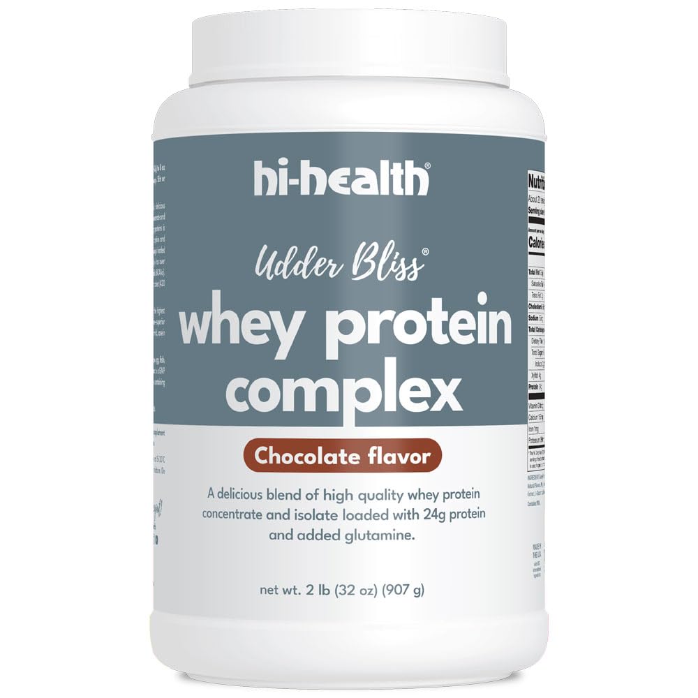 Hi-Health Udder Bliss Whey Protein Complex Powder, Blend av Bioavailable Whey Protein Concentrate och Isolate med Added Glutamine, Chocolate (2 pund)