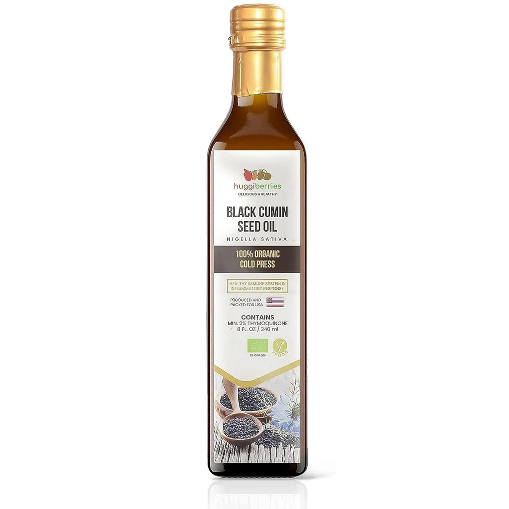 Huggiberries Organic Black Seed Oil Liquid - Glas flaska- Gluten-Free Oil för sallader, dopp, klänningar, Veggies - Cold Pressed Turkish Cumin, Rich i Thymoquinone Immunity Supplement - 8 fl.oz. / 250ml