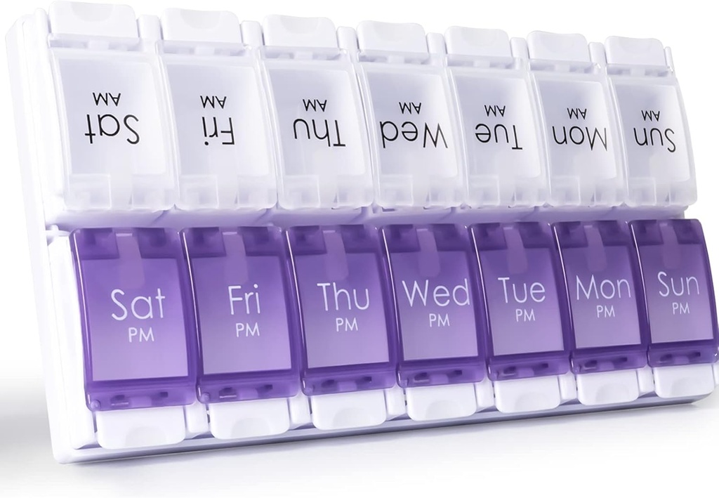 MERICARGO Am Pm Pill Organizer 7 Day, 2 Times a Day Large Weekly Pill Box, Push Button Daily Pill Case för vitamin, fiskolja, kosttillskott