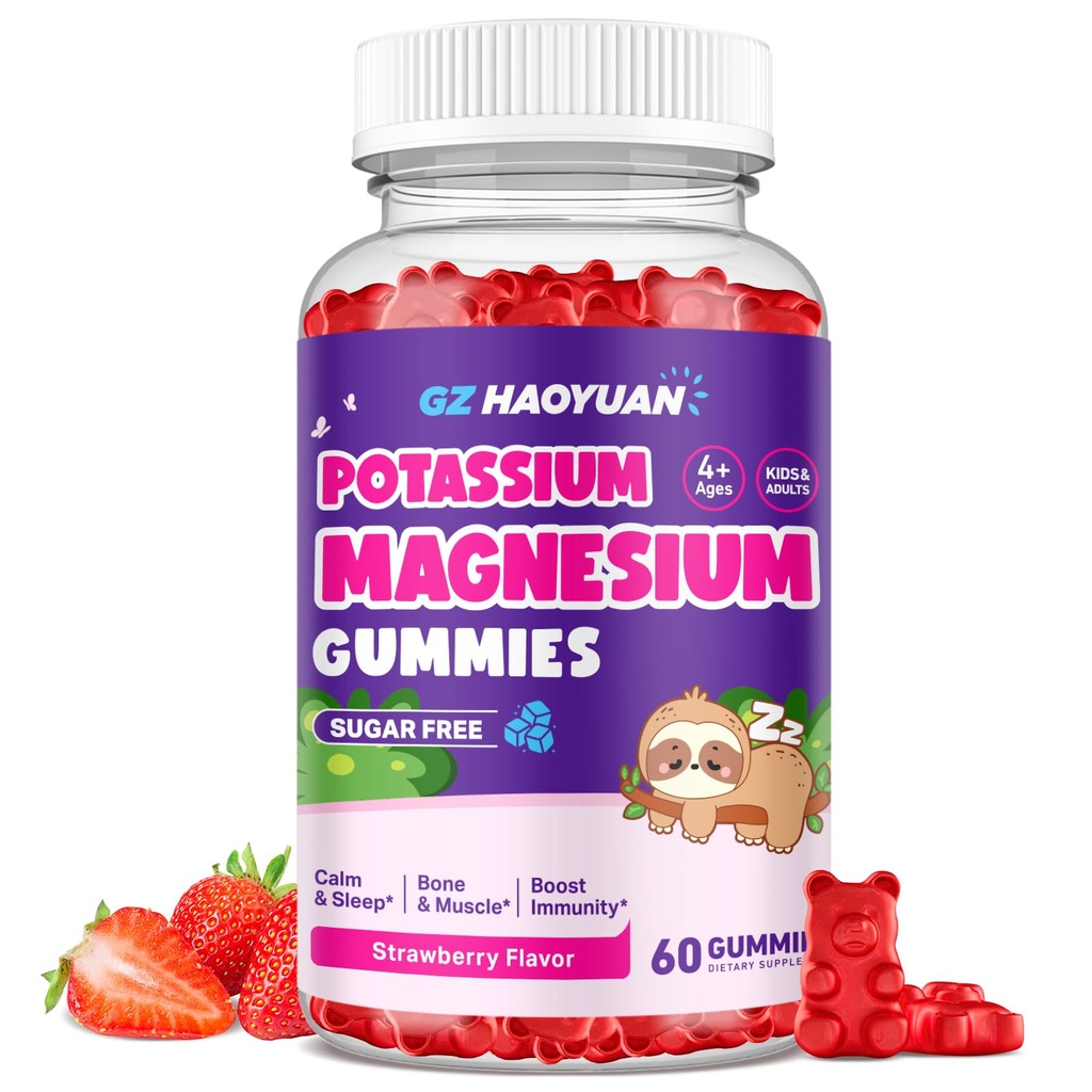 Magnesium Gummies för barn - Magnesium Glycinate Gummies med vitamin D3, B6, Potassium & Ashwagandha, Magnesium för barn & vuxna Relaxation, sömn, hjärna och benhälsa -Vegan Strawberry 60ct