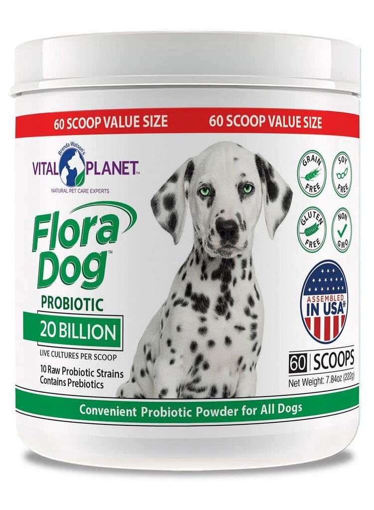 Vital Planet - Flora Dog Probiotic Powder Supplement med 20 miljarder kulturer och 10 stammar, High Potency Immune och Digestive Support Probiotics for Dogs, 7.84 oz., 222 Grams, 60 portioner