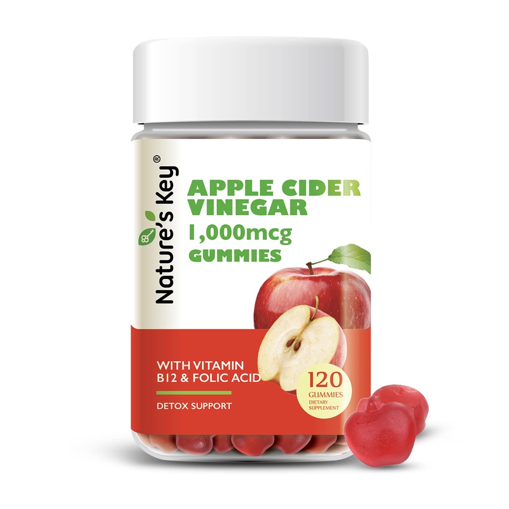 Naturens Key Apple Cider Vinegar Gummies 120 greve ACV Gummy med Folic Vitamin B6 B12 Beetroot & Pomegranat - Vegan, Non-GMO & Gluten-Free