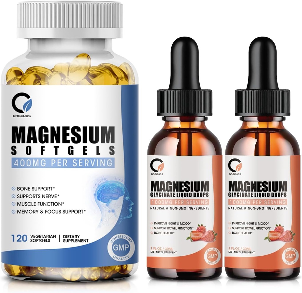 Magnesium Glycinate Drops & Magnesium Glycinate 400mg Softgels för Män & Kvinnor, Stöd Energi, Natt, Muskel & Gemensam Funktion, Icke-GMO, Vegan