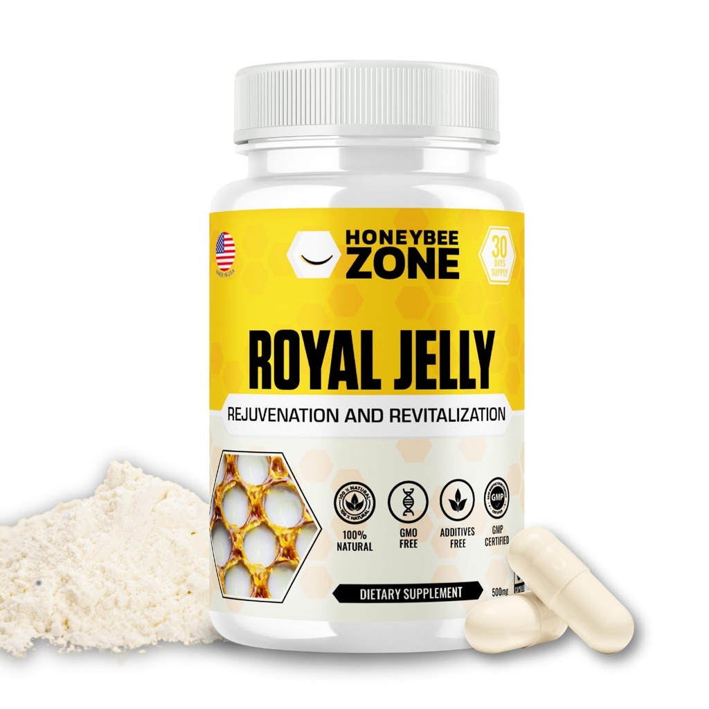 Royal Jelly Capsules - 500 mg energi, glödande hud och hjärnbooster tillskott | Non-GMO, Gluten-Free, 60 Easy-to-Swallow Veggie Capsules